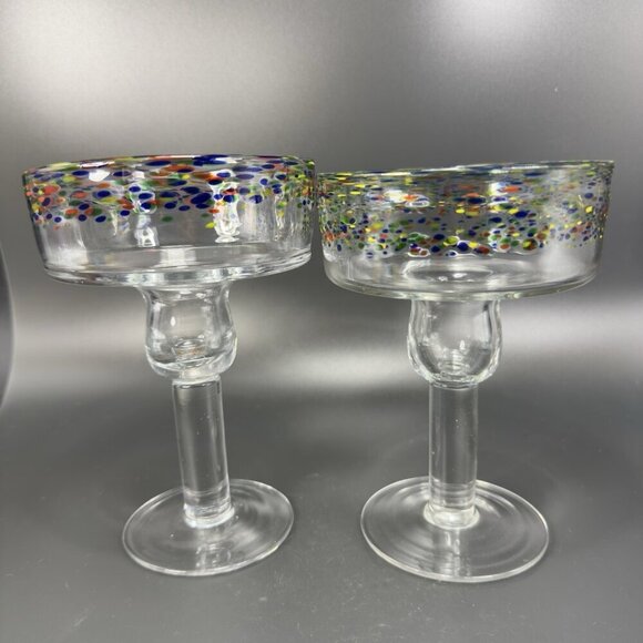 Mexican Blown Glass Margarita Glasses Cups Set 2 Clear With Multicolor Spots VTG - Picture 1 of 10